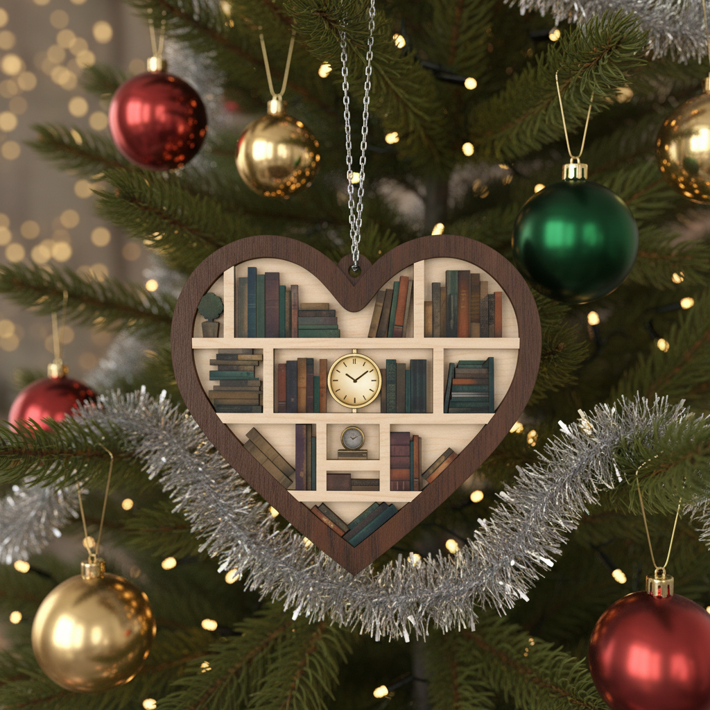 [2D FLAT ACRYLIC] Heart-Shaped Bookshelf Ornament – Christmas Gift for Book Lovers