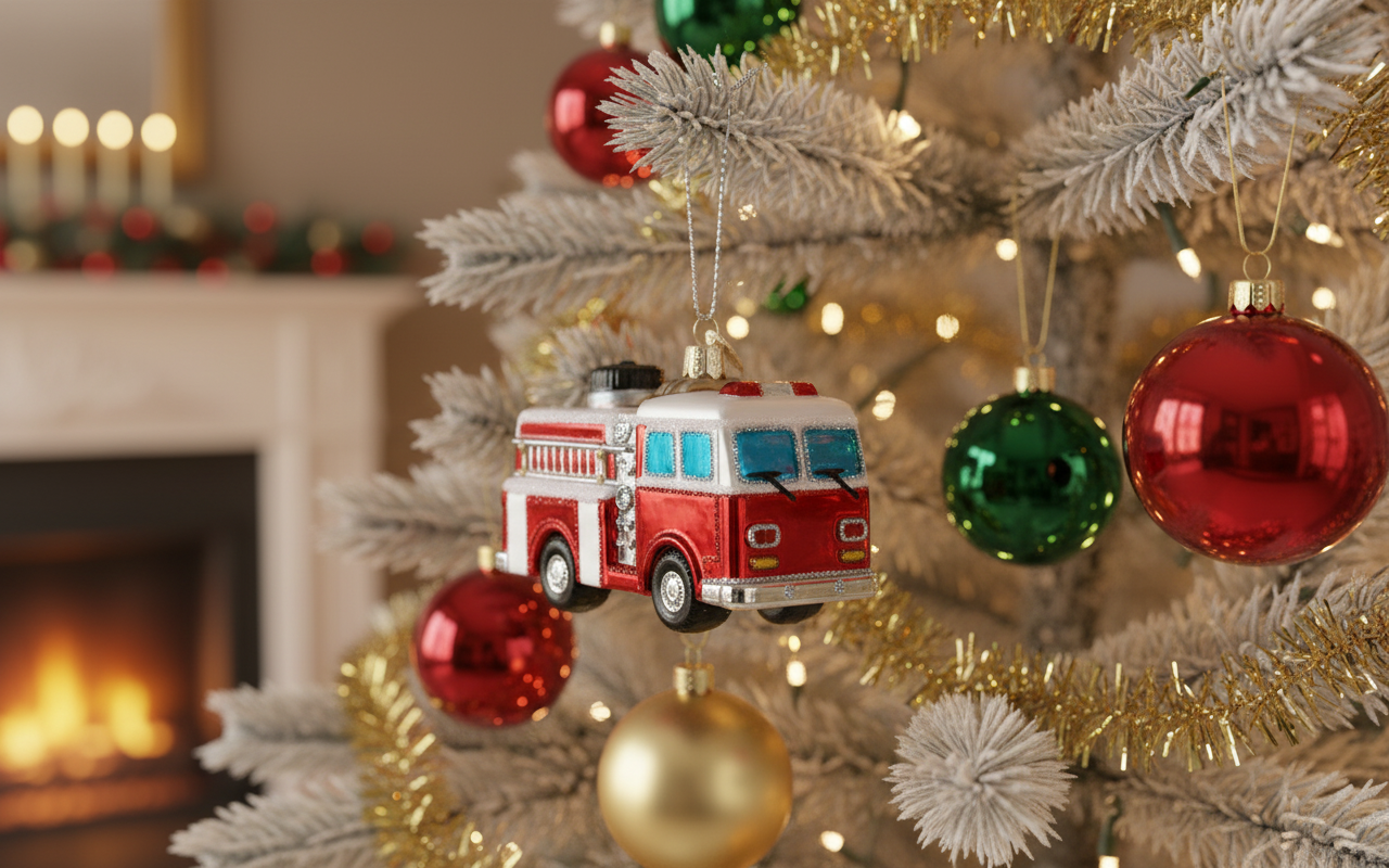 [2D FLAT ACRYLIC] Glass Fire Truck Christmas Ornament | Collectible Holiday Decor & Firefighter Gift