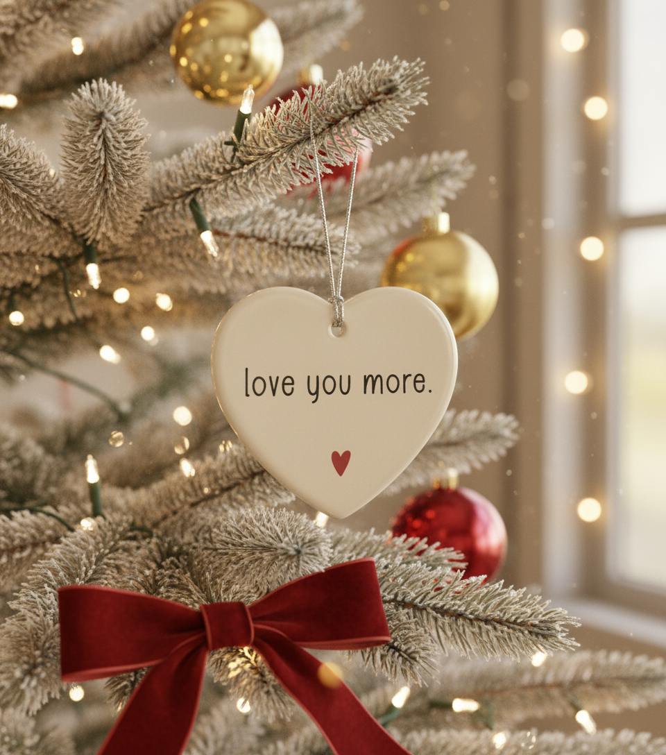 [2D FLAT ACRYLIC] Love You More Christmas Ornament – Ceramic Heart Keepsake Gift for Couples & Family