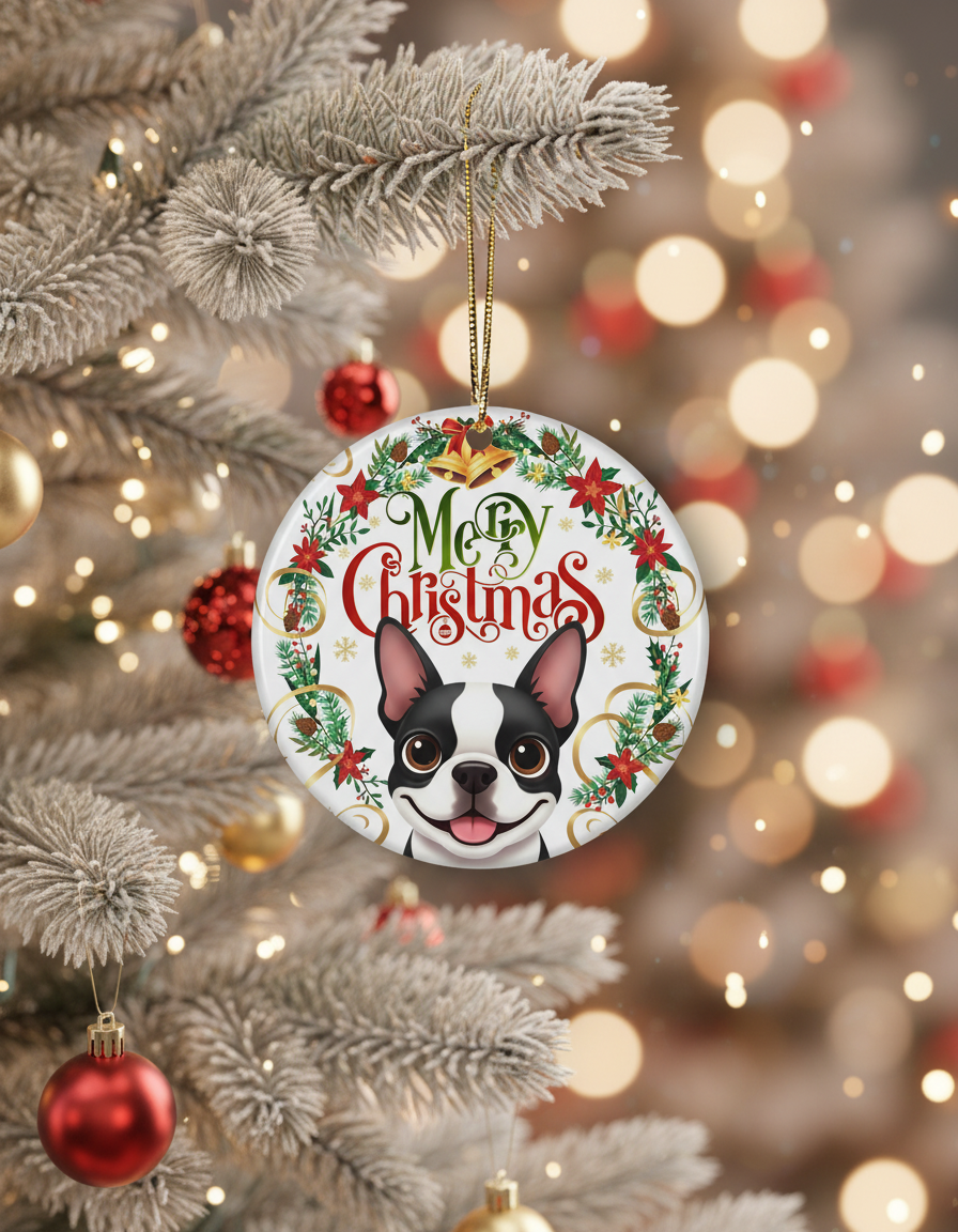 [2D FLAT ACRYLIC] Adorable Boston Terrier Christmas Ornament | Holiday Decor & Unique Gift for Dog Lovers