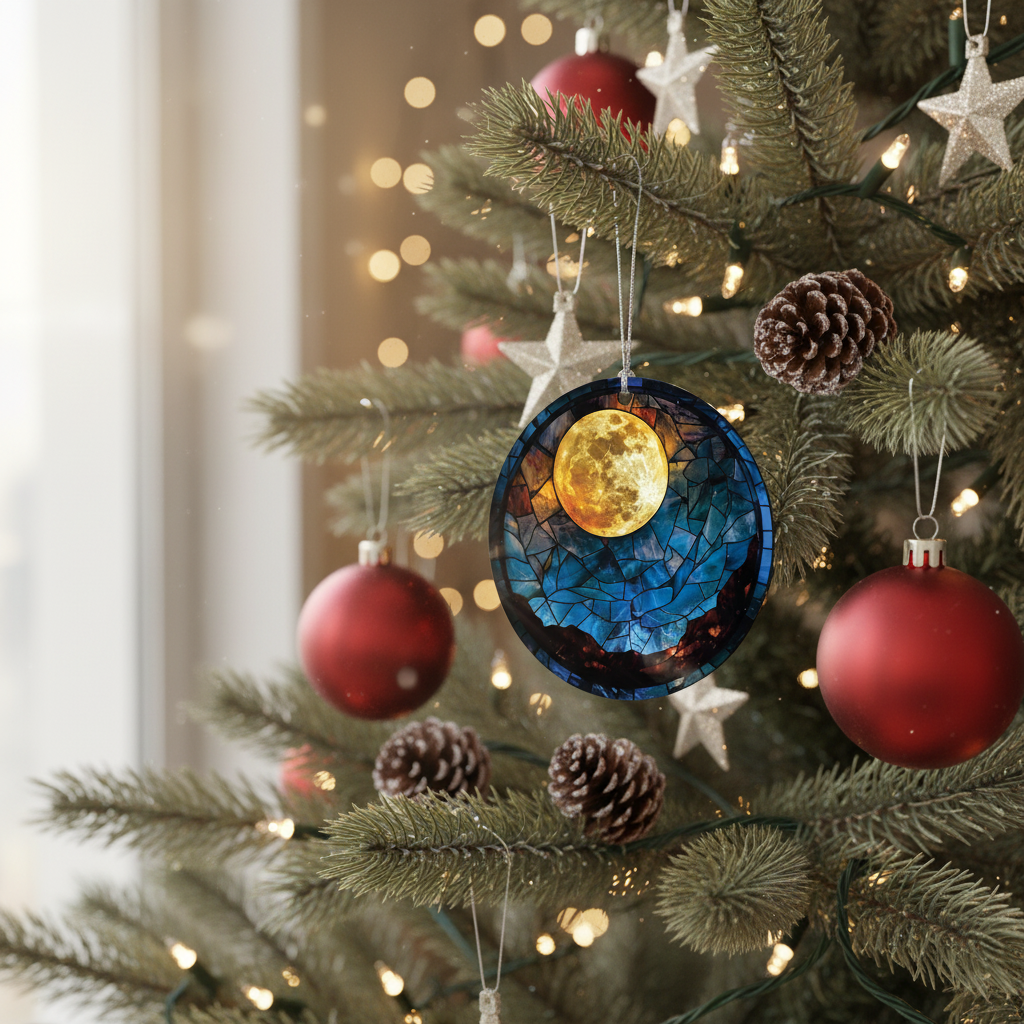 [2D FLAT ACRYLIC] Full Moon Stained Glass Style Ornament – Real Glass Holiday Decor