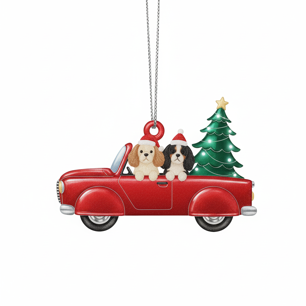 [2D FLAT ACRYLIC] Cavalier King Charles Spaniel Red Truck Christmas Ornament – Dog Lover Keepsake Gift