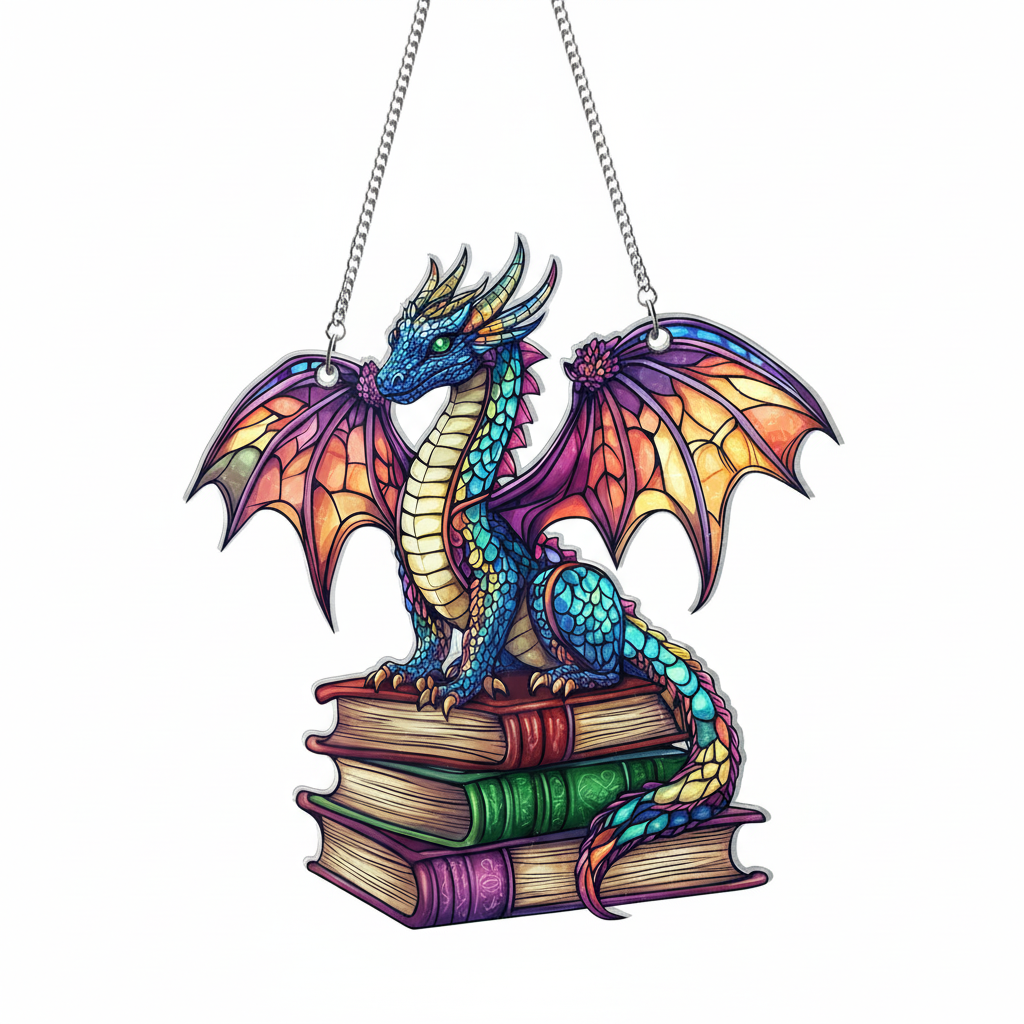 [2D FLAT ACRYLIC] Book Dragon Window Hanging Ornament – Fantasy Gift for Book Lovers