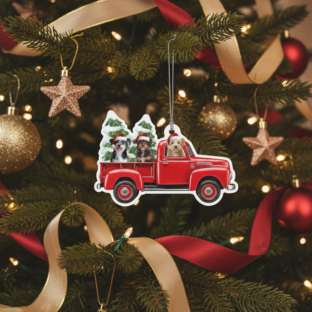 [2D FLAT ACRYLIC] Aussiedoodle Dog in Red Truck Christmas Ornament – Festive Dog Lover Gift