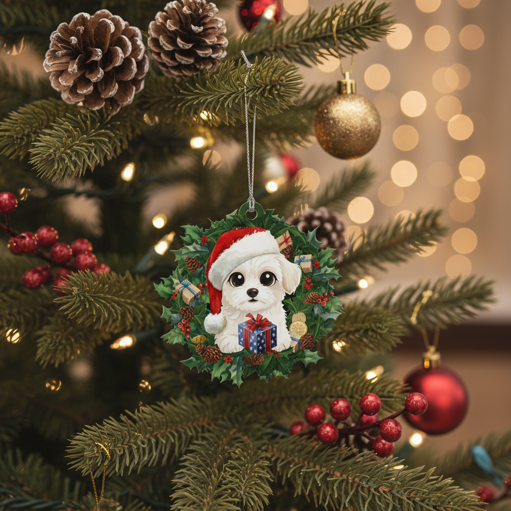 [2D FLAT ACRYLIC] Bichon Frise Christmas Ornament – Festive Dog Lover Keepsake & Car Charm