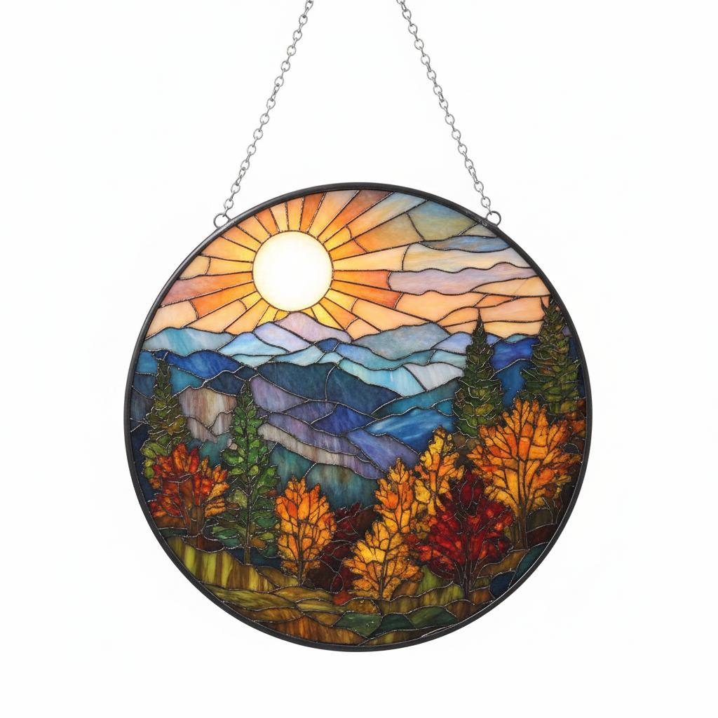 [2D FLAT ACRYLIC] Mountain Sunset Stained Glass Suncatcher – Scenic Nature Window Art