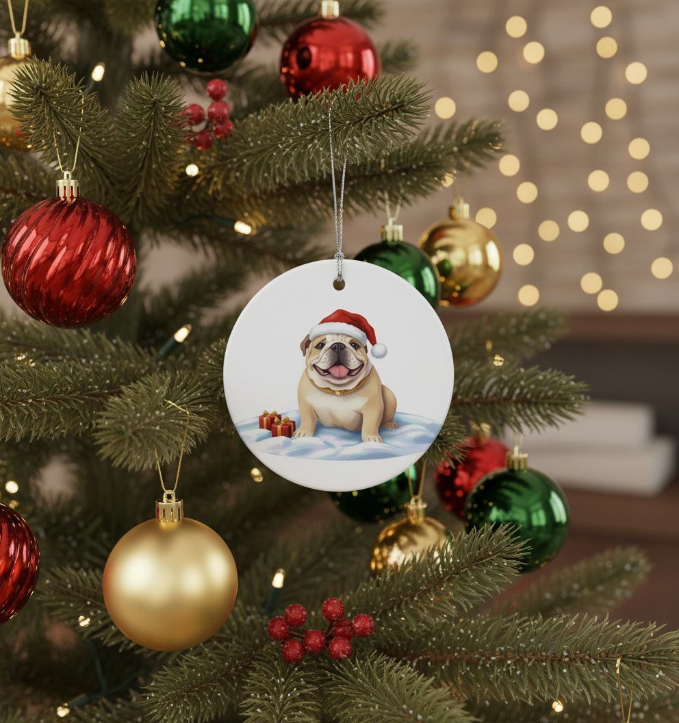[2D FLAT ACRYLIC] Bulldog Christmas Ornament 2025 | Glossy Ceramic Holiday Decor Gift for Pet Lovers