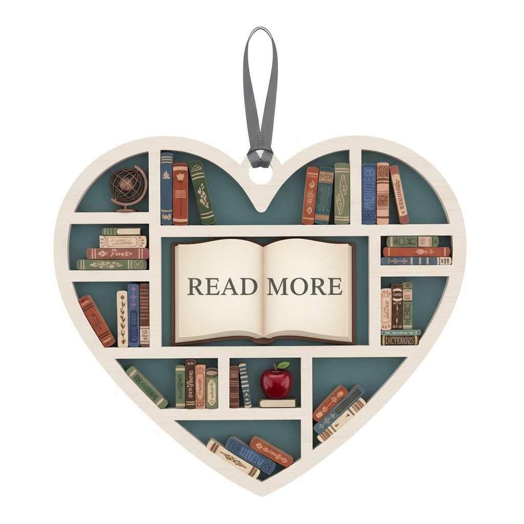 [2D FLAT ACRYLIC] Heart-Shaped Bookshelf Ornament – Christmas Gift for Book Lovers & Readers