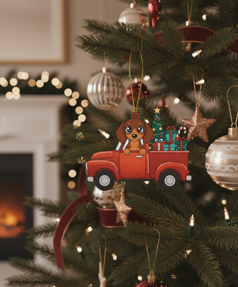 [2D FLAT ACRYLIC] Dachshund Red Truck Christmas Ornament | 3D Wood Holiday Decor Gift for Dog Lovers