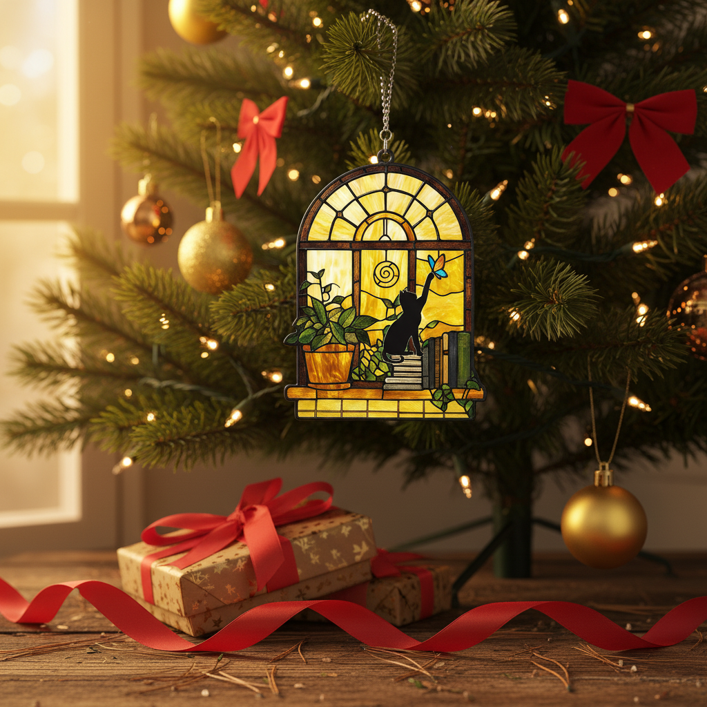 [2D FLAT ACRYLIC] Black Cat and Book Suncatcher Ornament – Stained Glass Style Window Hanging for Book Lovers