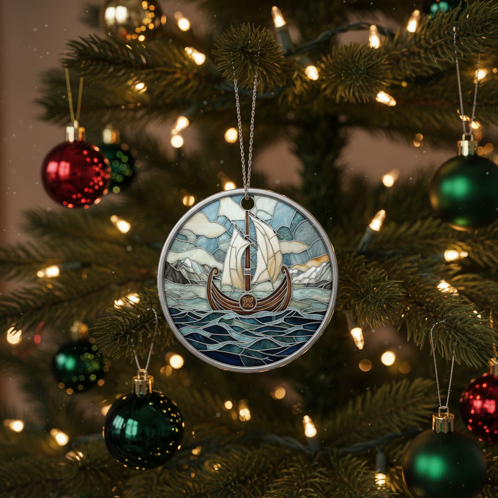 [2D FLAT ACRYLIC] Viking Ship Ceramic Ornament – Norse Longboat Christmas Tree Decor