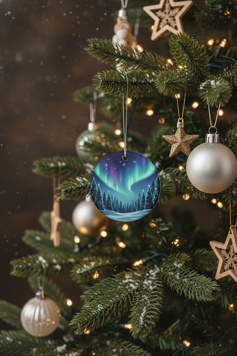 [2D FLAT ACRYLIC] Aurora Borealis Winter Forest Ceramic Ornament – Northern Lights Holiday Decor