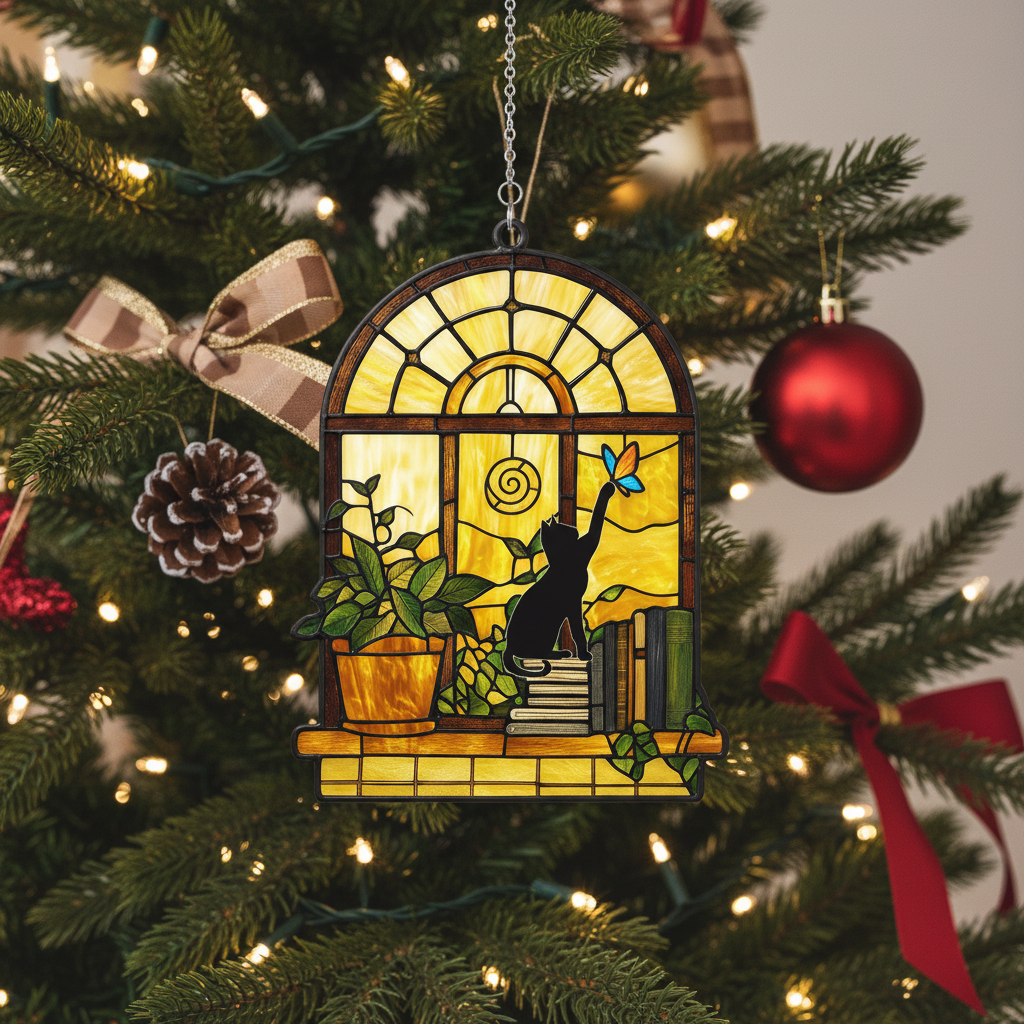 [2D FLAT ACRYLIC] Black Cat and Book Suncatcher Ornament – Stained Glass Style Window Hanging for Book Lovers