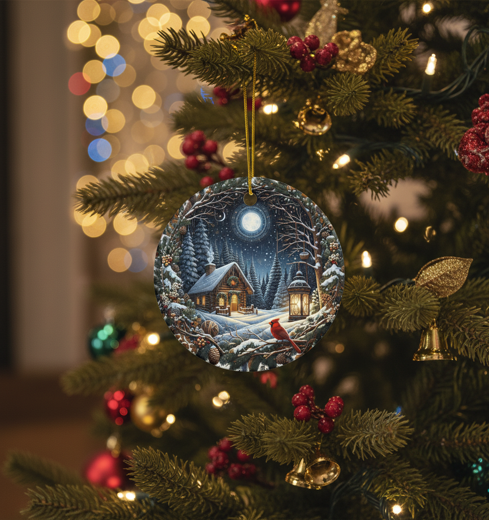 [2D FLAT ACRYLIC] Red Cardinal Winter Scene Christmas Ornament – Ceramic Keepsake Holiday Decoration