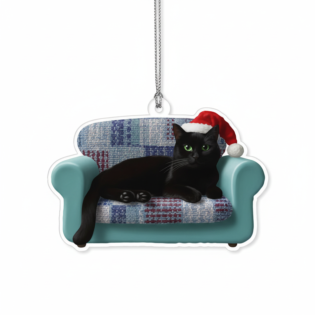 [2D FLAT ACRYLIC] Black Cat in Chair Christmas Ornament | Cute Holiday Gift for Cat Lovers