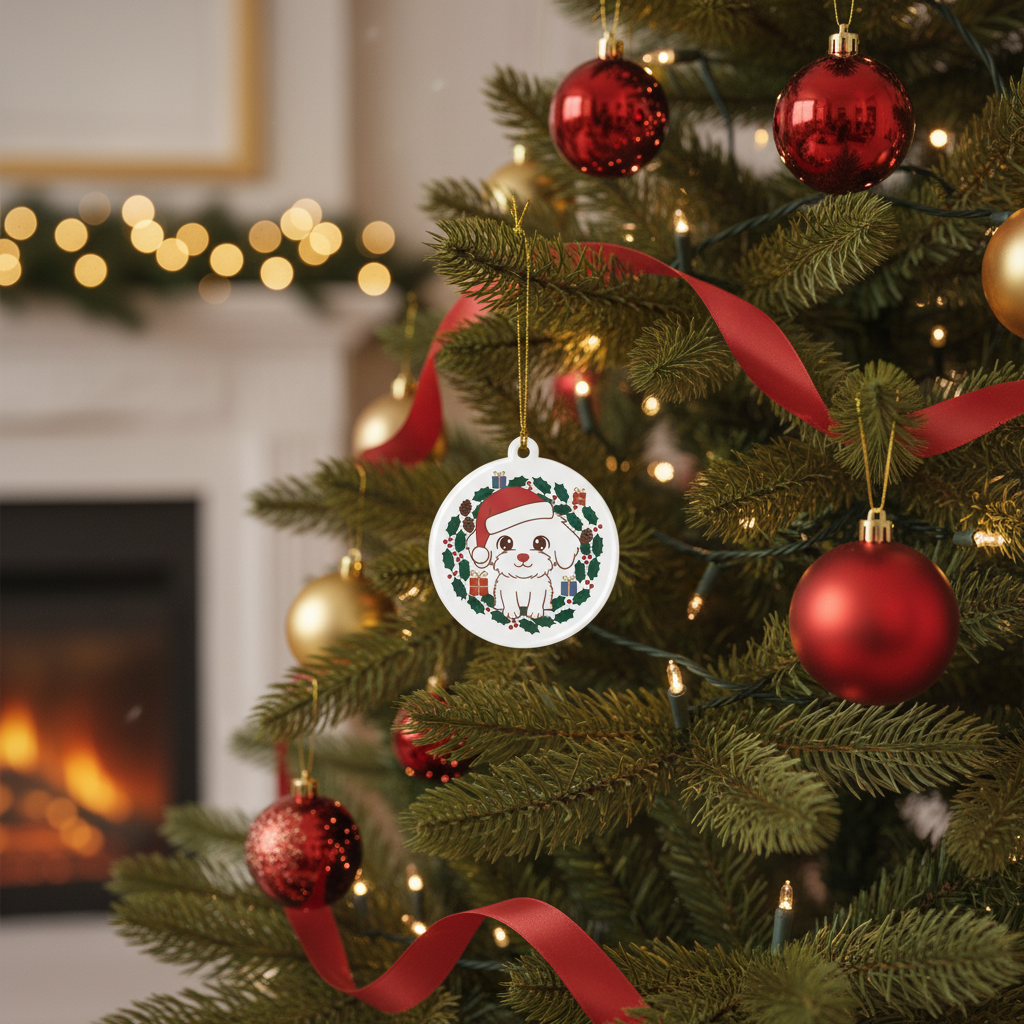 [2D FLAT ACRYLIC] Adorable Bichon Frise Ornament – Festive Holiday Keepsake Gift for Dog Lovers