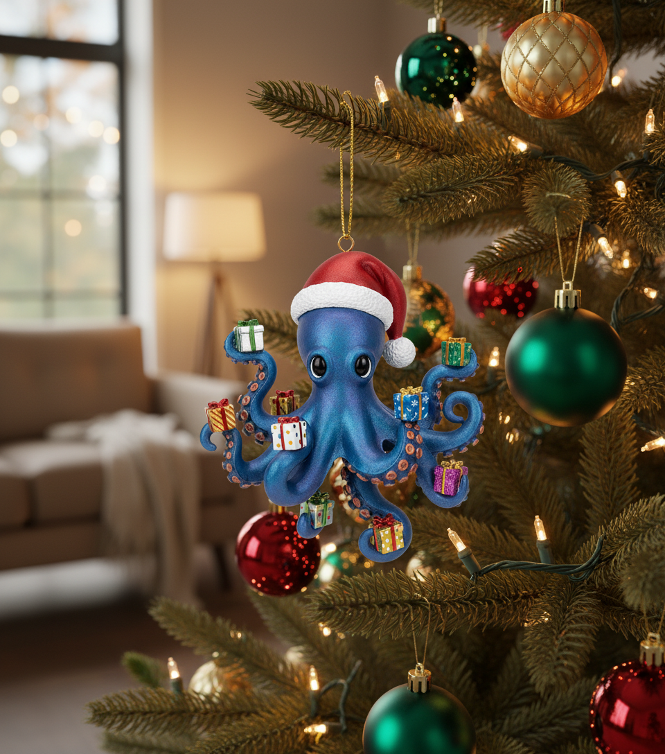 [2D FLAT ACRYLIC] Christmas Kraken Octopus Ornament – Funny Sea Creature Holiday Decor