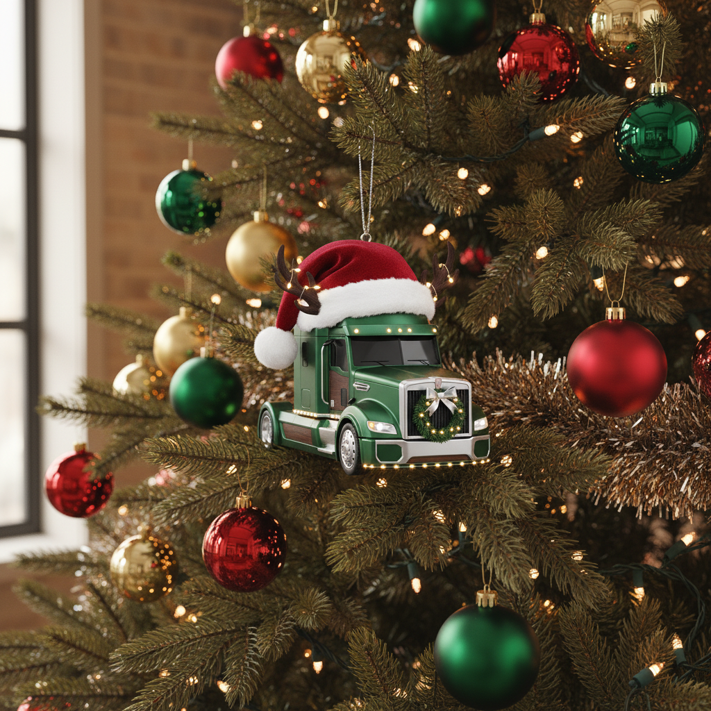[2D FLAT ACRYLIC] Personalized Truck with Santa Hat Ornament | Christmas Gift for a Truck Driver