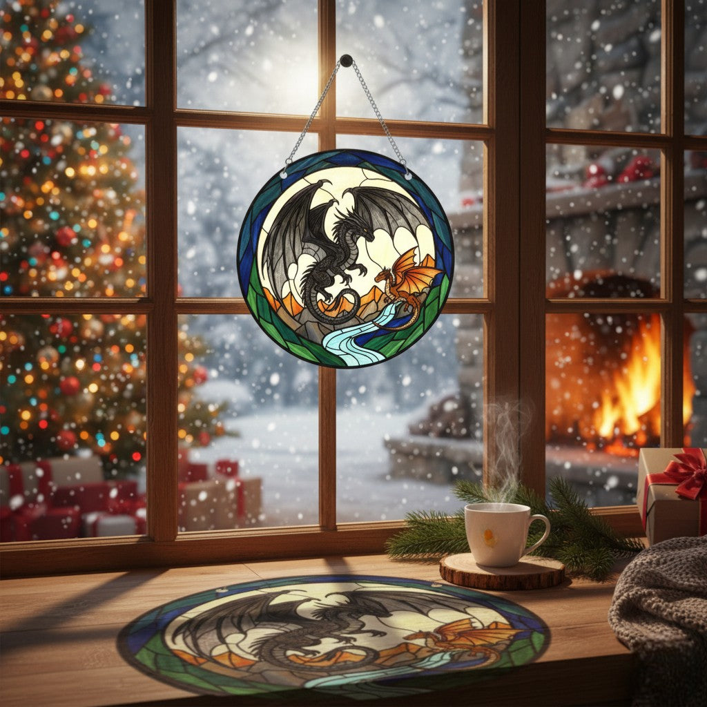 [2D FLAT ACRYLIC] Bookish Dragon Suncatcher Ornament – Fantasy Window Hanging Art