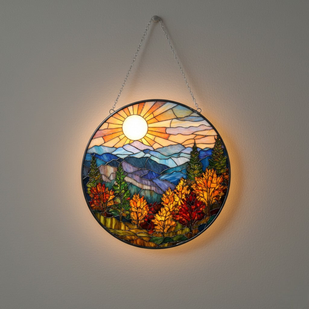 [2D FLAT ACRYLIC] Mountain Sunset Stained Glass Suncatcher – Scenic Nature Window Art