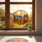 [2D FLAT ACRYLIC] Mountain Sunset Stained Glass Suncatcher – Scenic Nature Window Art