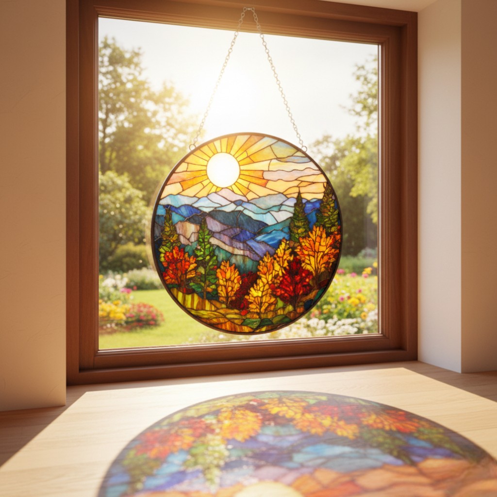 [2D FLAT ACRYLIC] Mountain Sunset Stained Glass Suncatcher – Scenic Nature Window Art