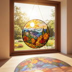 [2D FLAT ACRYLIC] Mountain Sunset Stained Glass Suncatcher – Scenic Nature Window Art
